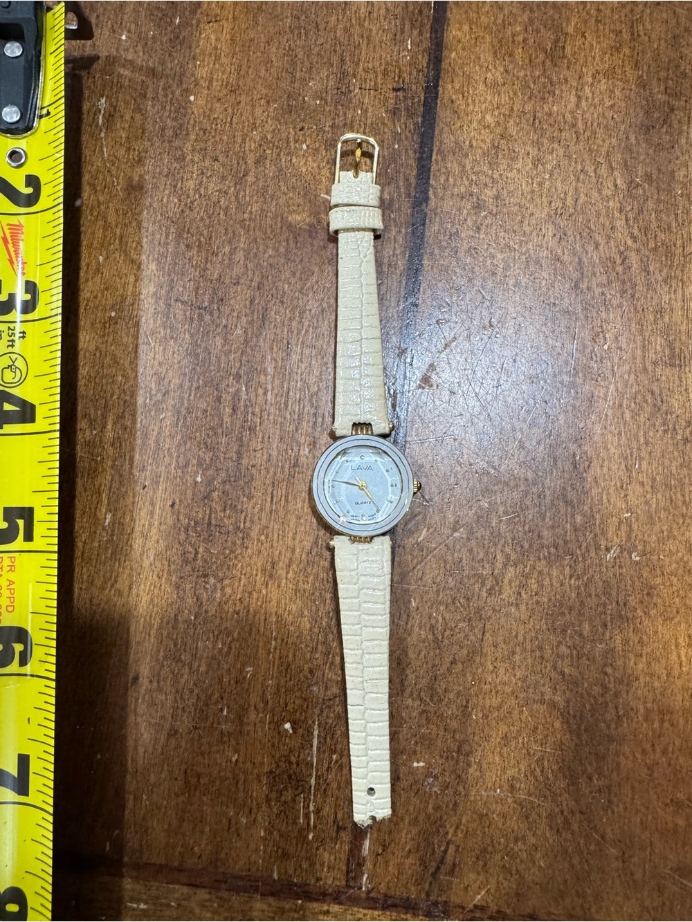 Women's Cream Leather-Style Strap Watch with Gold Accents